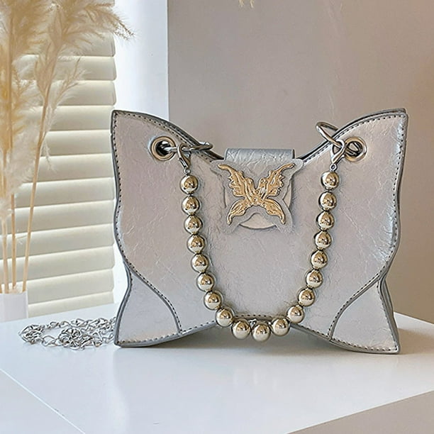 Bolso de mano para mujer, cadena, PU, mariposa, para oficina, viaje, Bolso de compras (plata)
