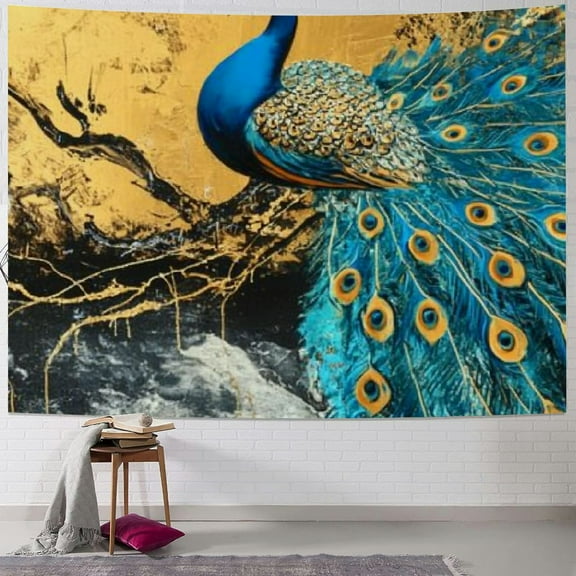 SHERONV Peacock Tapestries Oil Painting Tapestry Blue Gold Gray Wall Hanging Art Bedroom Aesthetic Funny Tapestries For Men Boys Living Room College Dorm 40x30inch