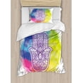 thumbnail image 1 of Hamsa Duvet Cover Set Twin Size, Circle of Dreamy Vivid Colors and Hand of Fatima with Ethnic Esoteric Charm Elements, Decorative 2 Piece Bedding Set with 1 Pillow Sham, Multicolor, by Ambesonne, 1 of 3