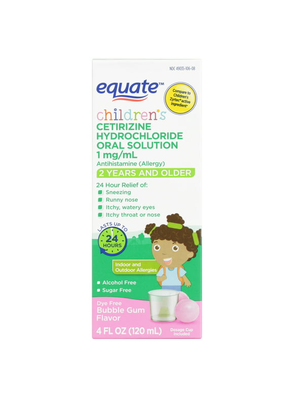 Equate Children's Allergy Relief Cetirizine Hydrochloride Oral Solution, Bubble Gum, 4 fl oz