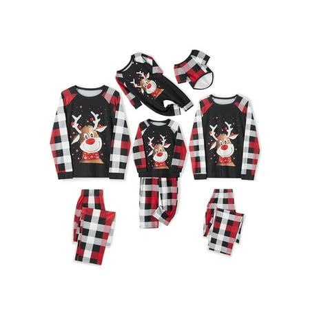 

Lumento Women Men Kids Xmas Matching Family Pajamas Set Long Sleeve Christmas PJ Sets Elastic Waist Sleepwear Straight Leg Nightwear Elk Print Black Puppy M