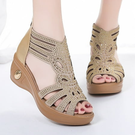 

Foraging dimple Sandalias Crystal Mujer Casual Summer Hollow Out Beach Wedges Roman Women Shoes Khaki