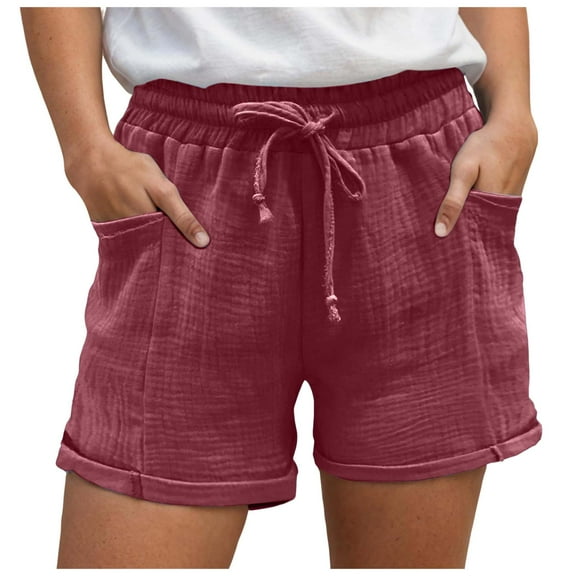 Linen Shorts for Women 7 Inch Inseam Drawstring Short High Waisted Lightweight Short Beach Vacation Outfits Pockets