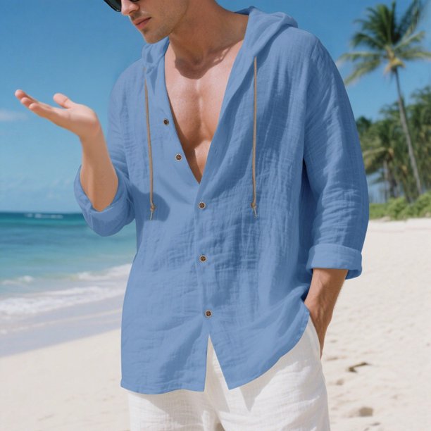 Blusa de manga larga con capucha para hombre, color liso, moderna, holgada, informal, con botones y cordón, de poliéster.