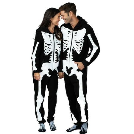 

Holiday Matching Couples Costume Pajama Onesie With Socks and Mask Ghost Devil and Skeleton White Skeleton (Women) Size: M