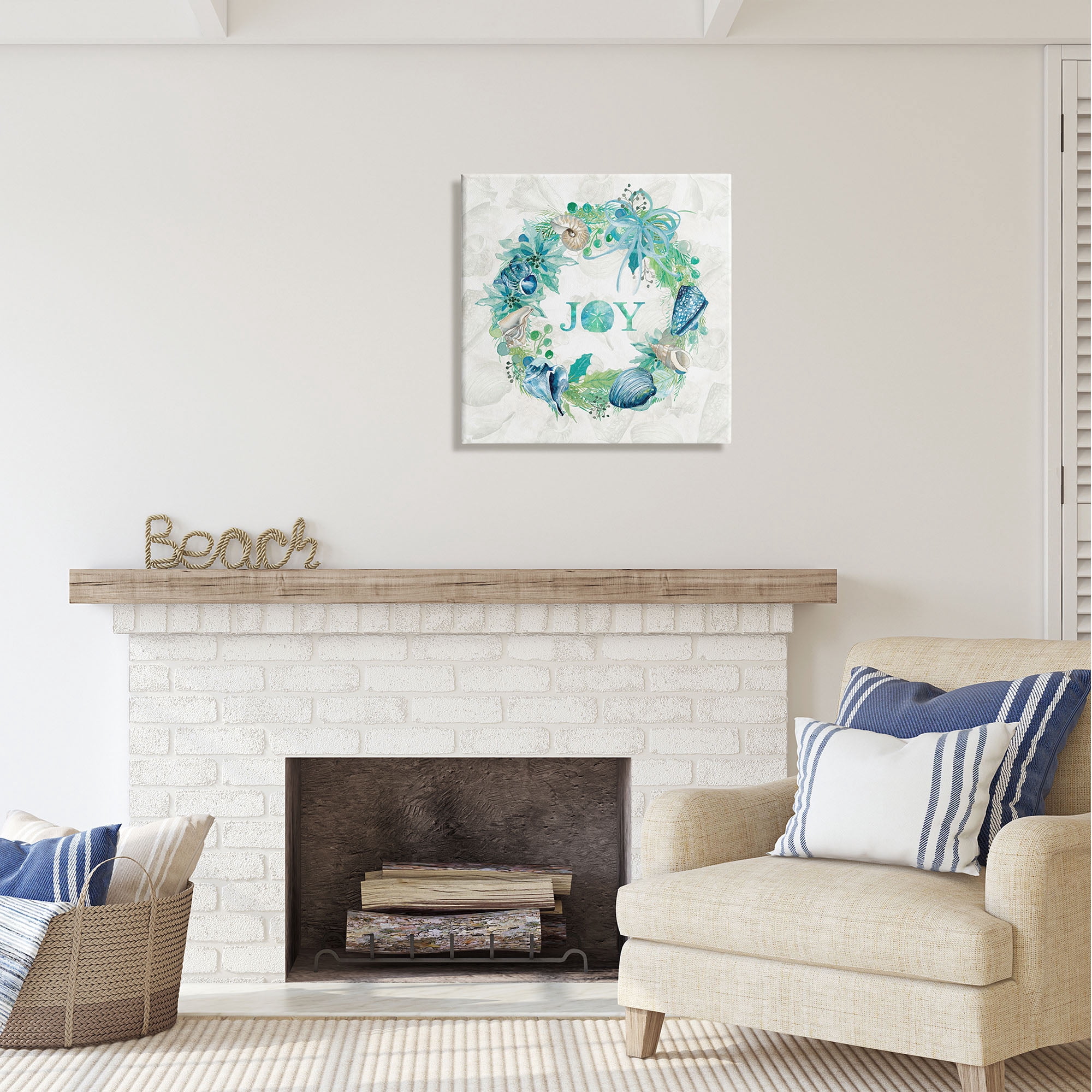 Stupell Industries Joy Coastal Shell Wreath Nature Painting Gallery Wrapped Canvas Print Wall Art, 24 x 24