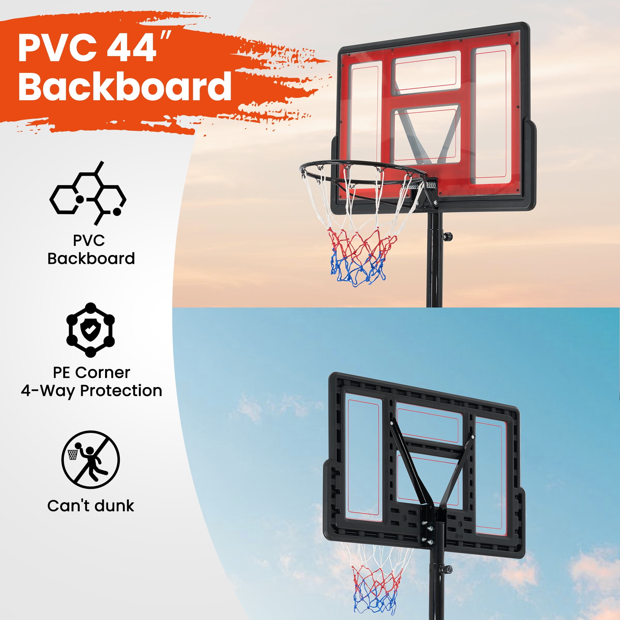 Naipo 44 In Basketball Hoop 7.5 ft -10 ft Adjustable 2 Free Sandbags Orange Portable Basketball Goals Outdoor and Indoor for Youth and Adult