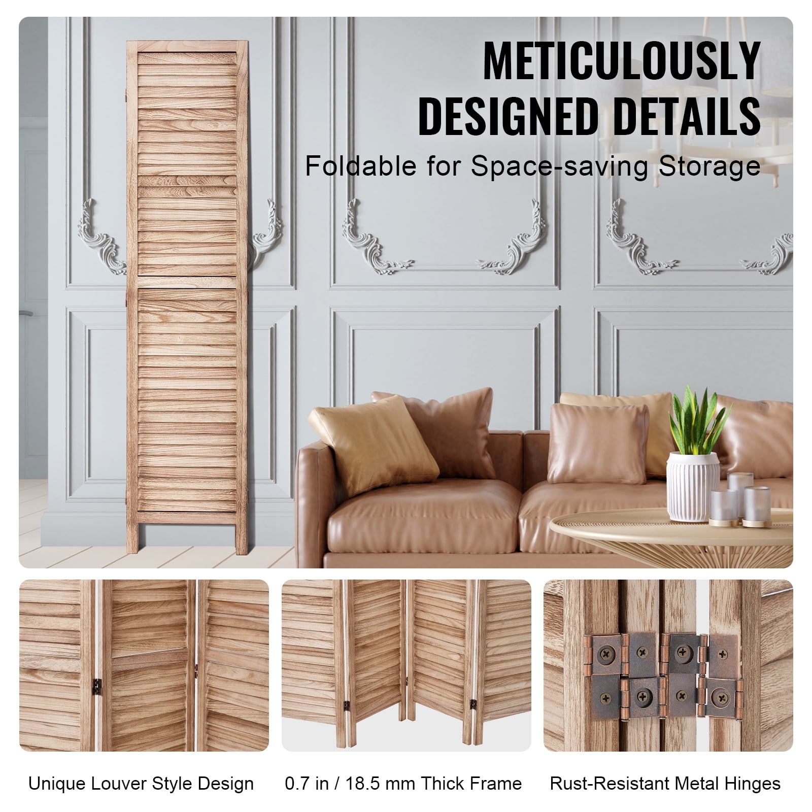 KFFKFF Wooden Partition, 8-Panel Folding Privacy Barrier, 66.9 Inches High Indoor Slatted Divider, Movable Decorative Screen, Ideal for Space Division in Homes, Offices, Restaurants & Bedrooms