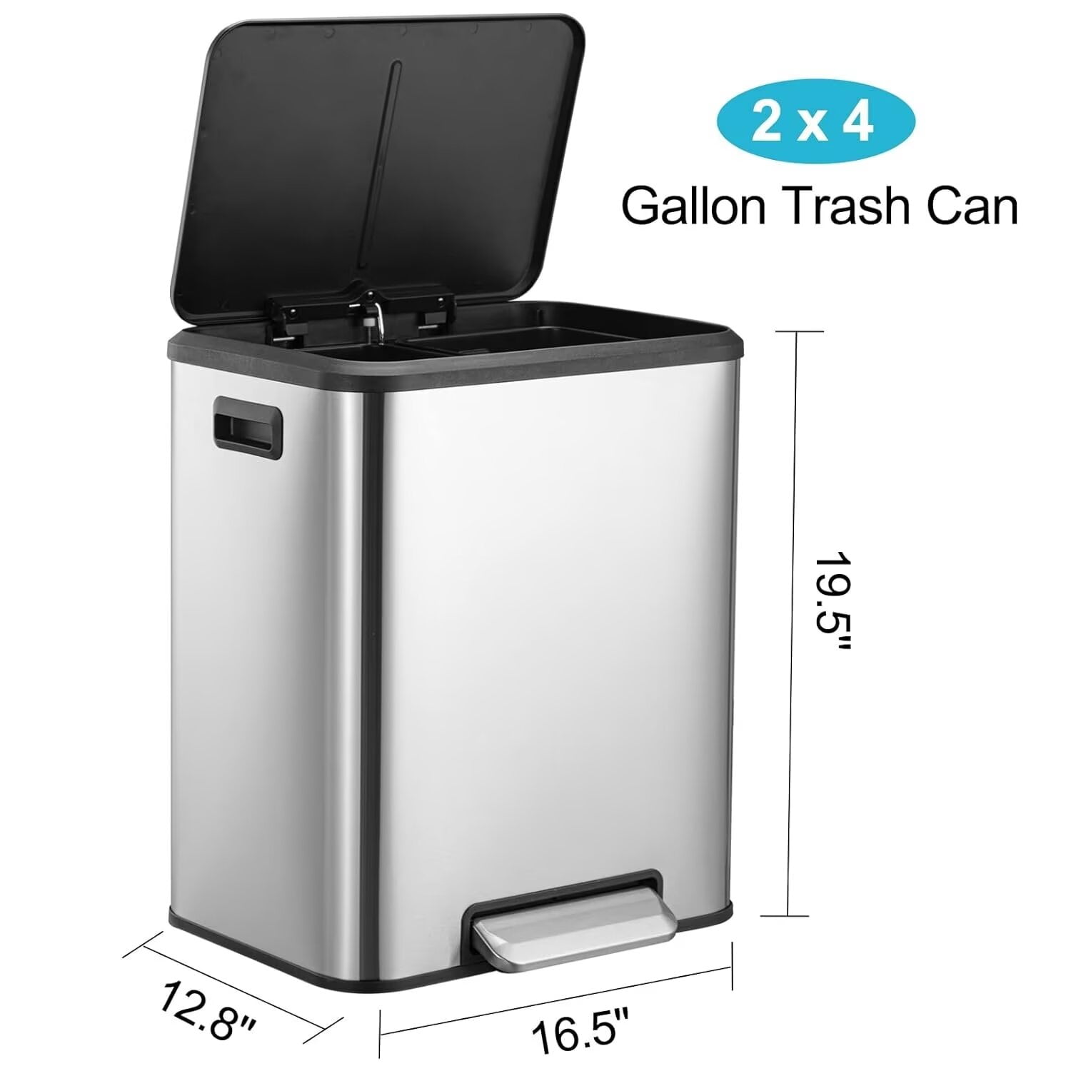 HELLONE 30 L / 8 Gal Hands-Free Dual Compartment Recycling Kitchen Step Trash Can with Soft-Close Lid, Stainless Steel Garbage Can for Kitchen