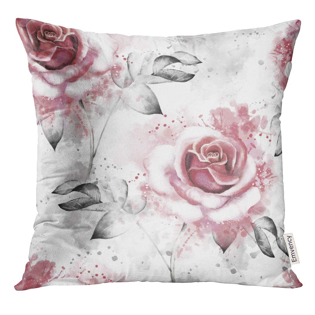 EREHome Pink Flowers and Leaves on White Watercolor Floral Pattern Rose