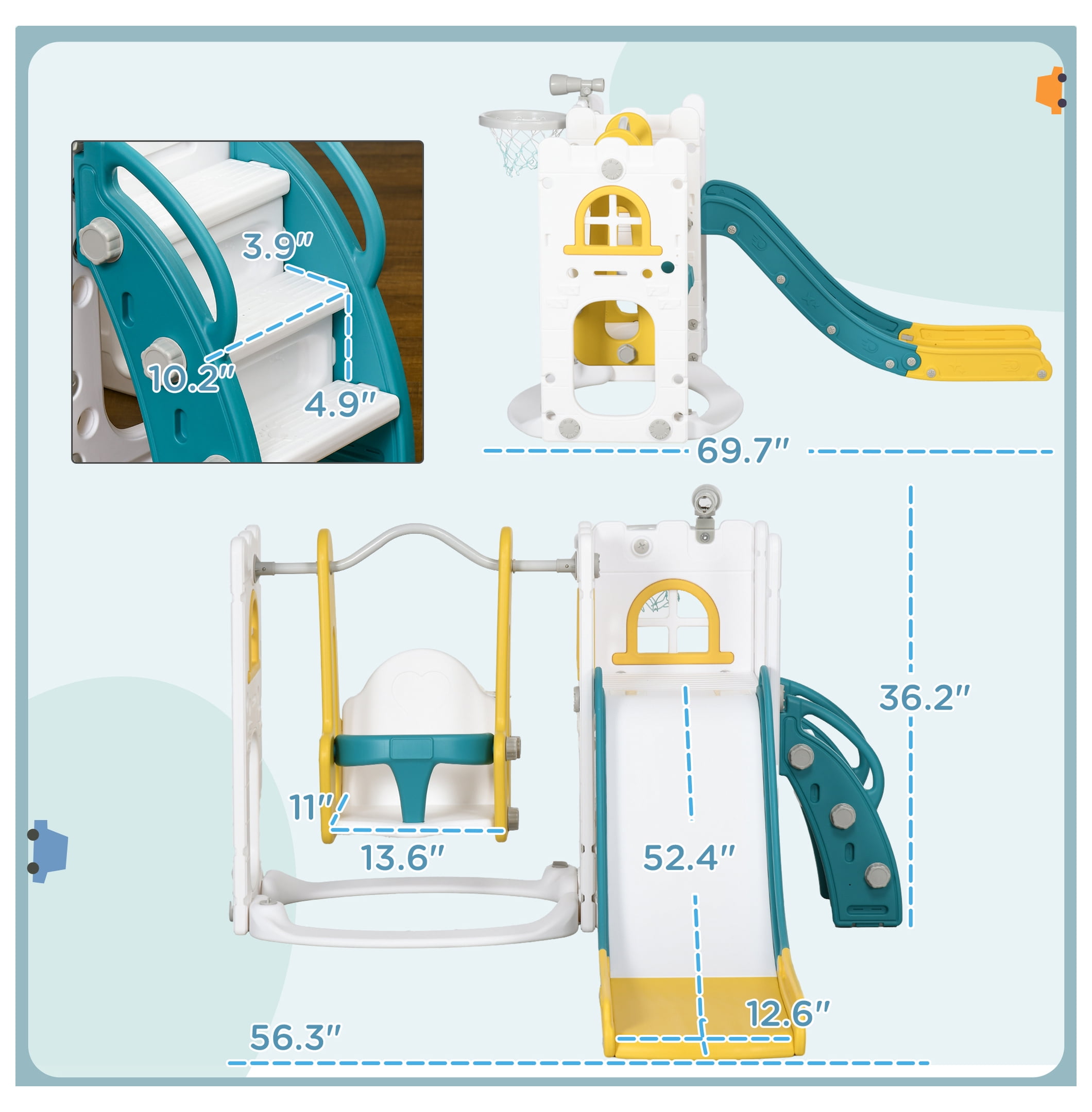 Qaba 6 in 1 Toddler Slide and Set, Baby Slide for Age 1-3 Years with Basketball Hoop, Climber, Storage Space, Telescope, Indoor , Yellow