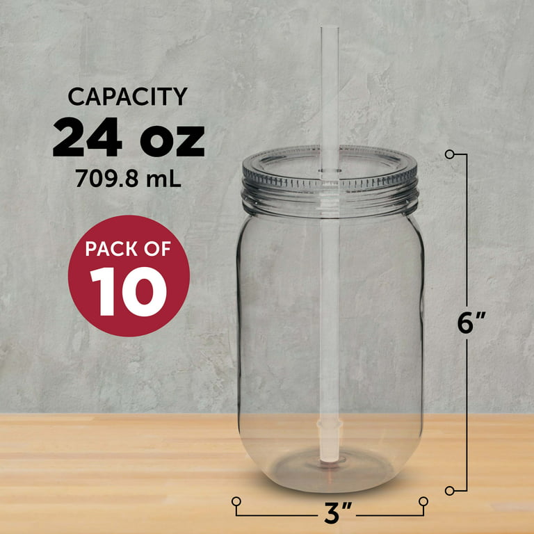 Plastic Mason Jars with Straw Set 24 oz. Set of 10, Bulk Pack