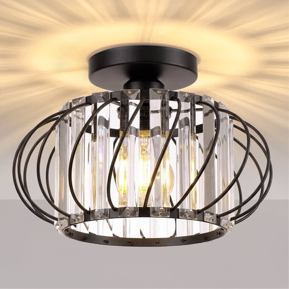 FRIDEKO HOME 11" Modern Semi Flush Mount Ceiling Light, Black Metal Cage with Crystal, E26 Base, Hallway Ceiling Light Fixture for Bedroom Porch Kitchen Entryway (Without Bulb)