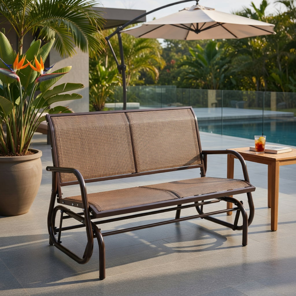 Hommoo 48" Steel Frame Outdoor Glider Loveseat Rocker Chair, Rust-Resistant, Breathable Fabric, Patio Swing Bench for Backyard, Porch & Garden, Brown
