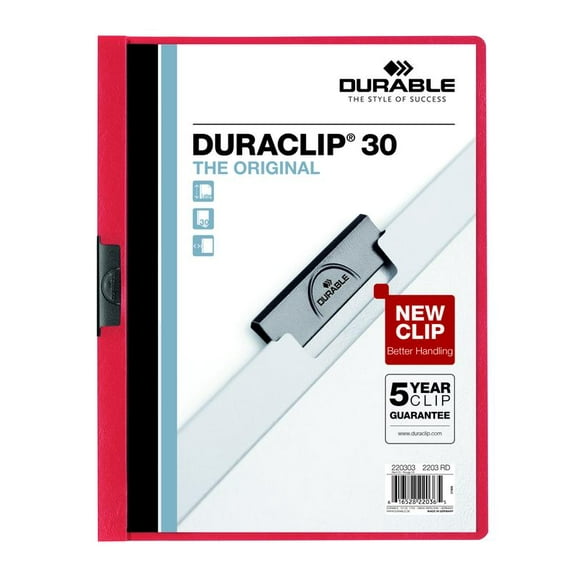 DURABLE Report Cover with DURACLIP, Letter-size, Holds Up to 30 Pages, Clear Cover/Red, 25 per Box (220303BX)