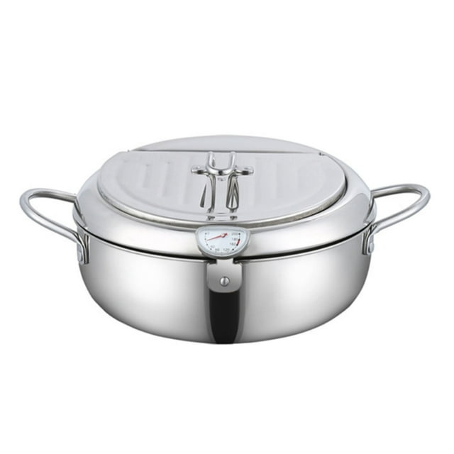 Piwvid Deep Fryer Pot, Janpanese Style Tempura Frying Pot with Lid, 304 Stainless Steel with Temperature Control and Oil Drip Drainer Rack, for Kitchen French Fries, Chicken etc