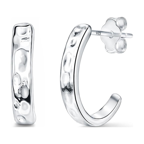 LeCalla 925 Sterling Silver Hammered J-Shape Hoop Earrings for Women | Textured Curved Hoop Stud Earrings | Hammered Silver Earrings Studs 15MM