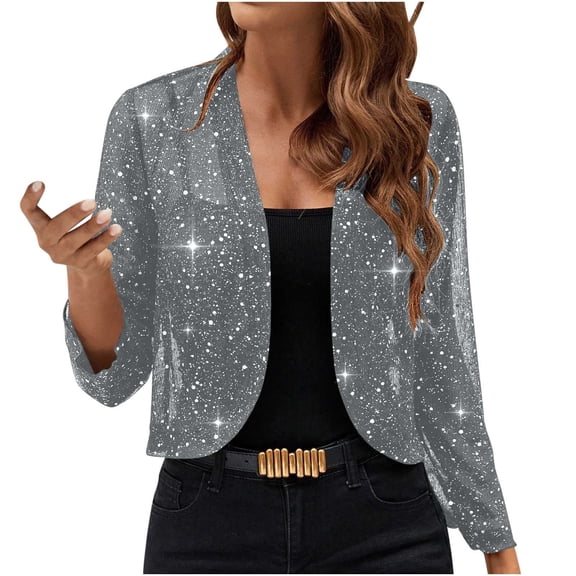 FAVIPT Plus Size Sequin Bolero Shrug for Women Open Front Long Sleeve Fashion Blazer Mesh Glitter Evening Party Cardigan Gray,XXXL