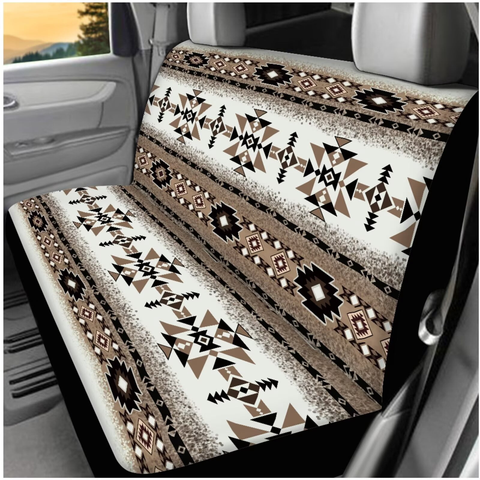 Yuyamidu Brown Car Seat Covers Full Set Southwest Aztec Steering Wheel Cover Safe Belt Pads Auto Headrest Covers Coasters Car Center Console Cover, 14 Pack