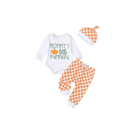 

Jusbysis Baby Boys Halloween 3PCS Sets Long Sleeve Letter Pumpkin Print Romper Plaid Pants Hat Sets