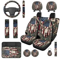 Uorisanigo American Flag Deer 14 Pcs Automobile Seat Cover Sets and Car Headrest Cover Cars Steering Wheel Cover Center Console Cover Car Water Cup Coaster Soft Suitable for Cars SUVs