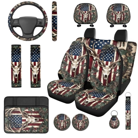 Uorisanigo American Flag Deer 14 Pcs Automobile Seat Cover Sets and Car Headrest Cover Cars Steering Wheel Cover Center Console Cover Car Water Cup Coaster Soft Suitable for Cars SUVs