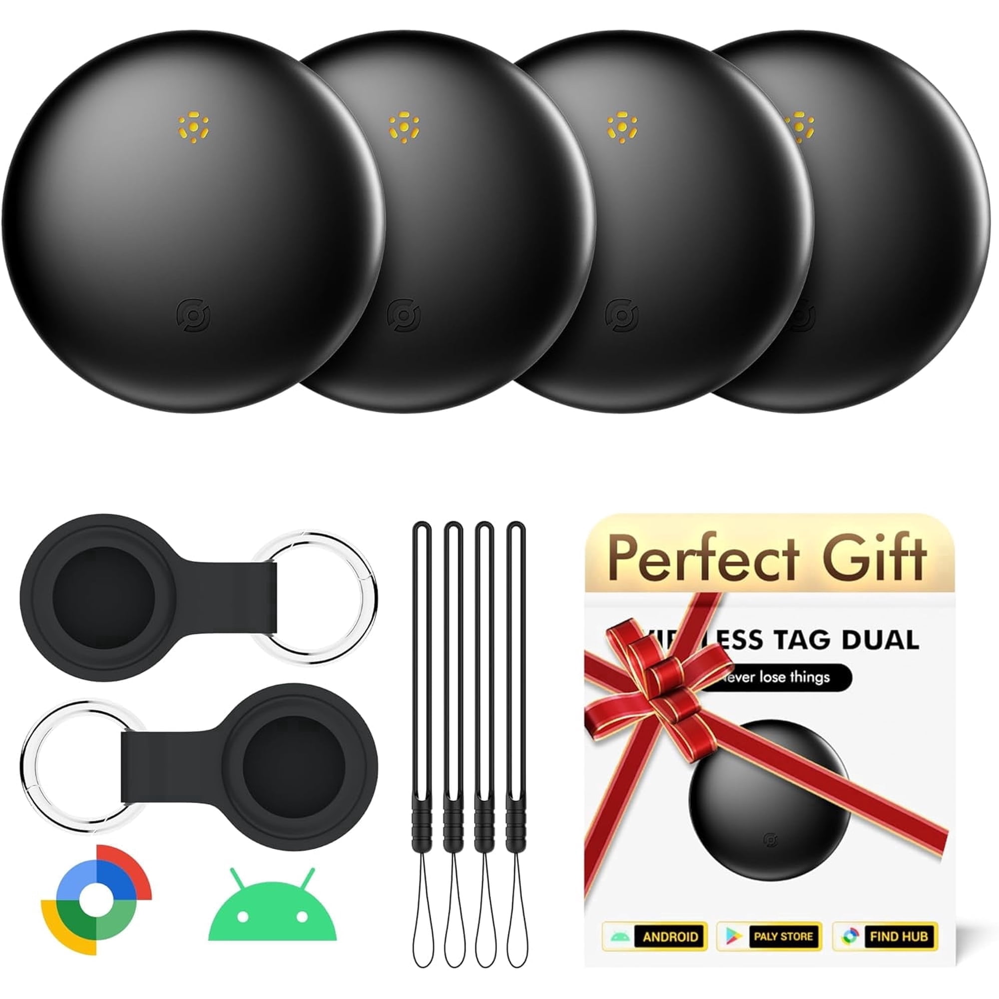 Air Tracker Tags 4 Pack for Android with Case- Bluetooth GPS Tracker Item Finder for Key, Wallet, Luggage - Works with Google Find Hub, IP66 Waterproof, Smart Tag for Android & Samsung Phones(Black)