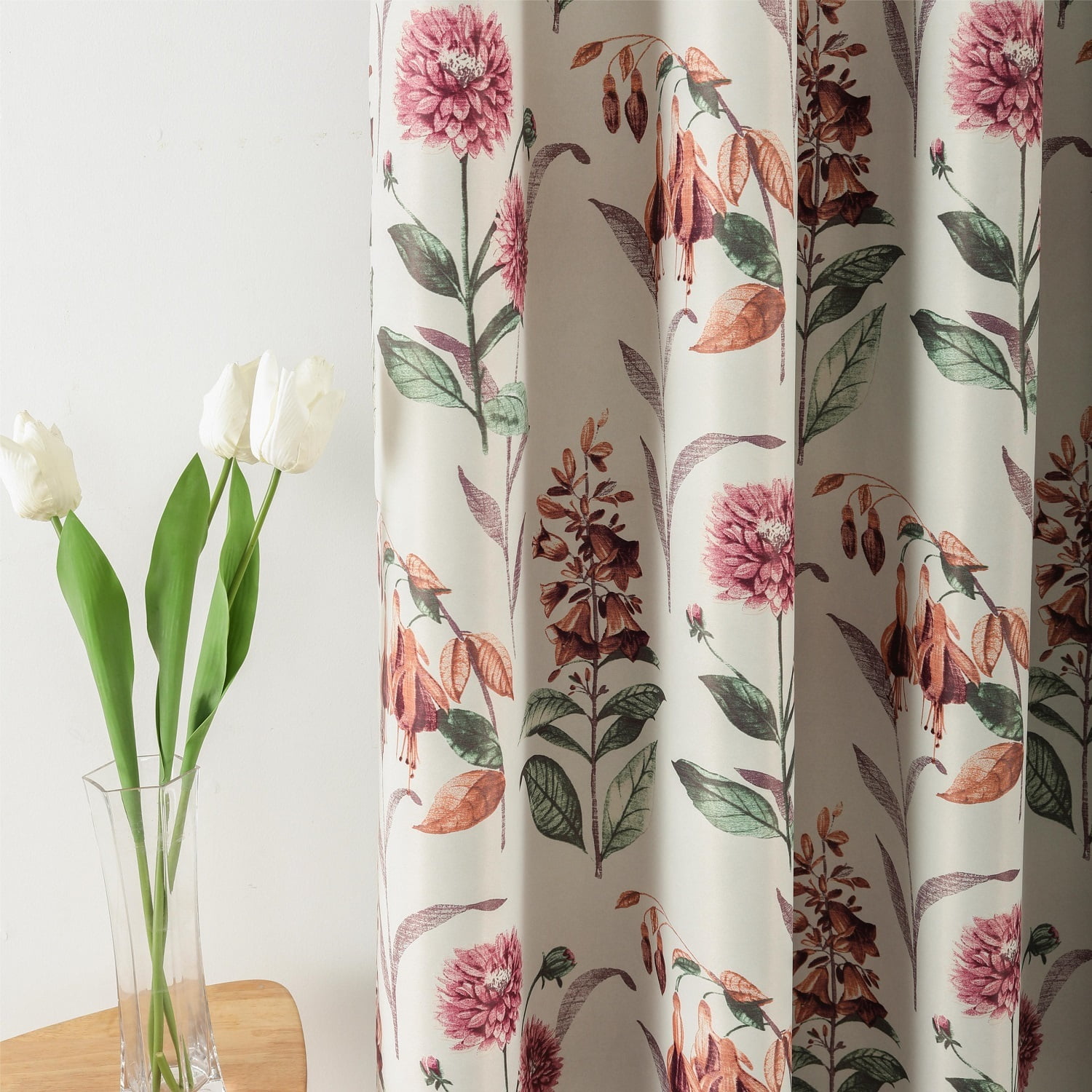 VOGOL Floral Print Blackout Curtains for Bedroom, Modern Style Thermal Insulated Room Darkening Window Drapes for Nursery, 2 Panels Set, W52xL63 inch, Red
