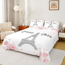 Homewish Paris Twin Sheet Sets,Eiffel Tower Twin Fitted Sheet,Pink White Flat Sheet For Girls Kids,Microfiber Bedroom Decor,3-Piece