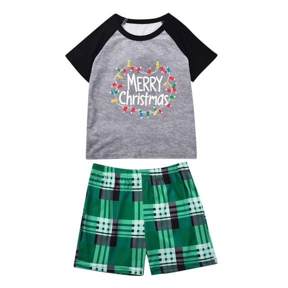 Eygvbb Christmas Pajamas Kids Matching Family Pajama Set Raglan Short Sleeve Shirt Light Wreath Print Plaid Shorts Two Piece Sleep Set Breathable Loungewear