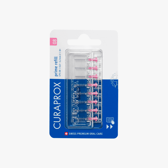 Curaprox CPS 08 Prime Refill Interdental Brushes, Pink, Gentle Cleaning of Tight Gaps, for Adults, 8 Count