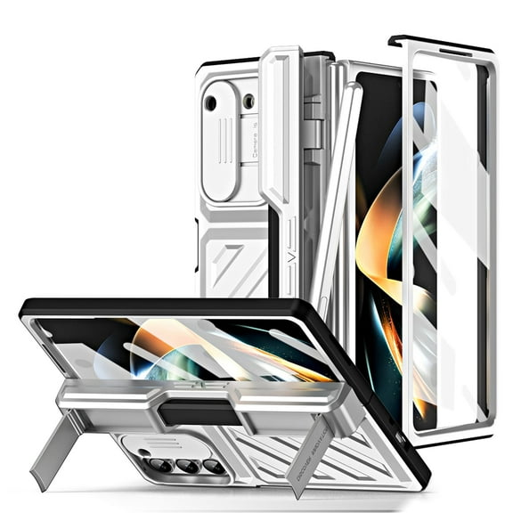 Galaxy Z Fold 5 Case with Screen Protector & Stylus Pen, Full Body Protective Slide Camera Cover Kickstand Shockproof Phone Case Cover for Samsung Galaxy Z Fold 5 5G - Silver