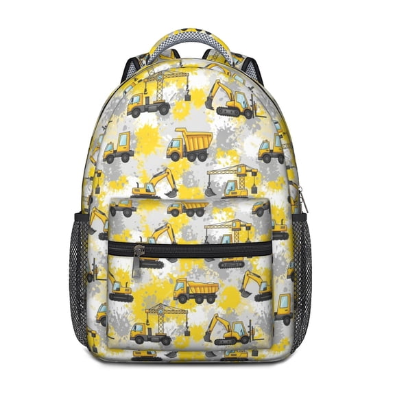 Excavator and Dump Truck Yellow Backpack for School, Cute School Bag with Adjustable Shoulder Straps and Padded Back, 15.3"x11"x6.7"