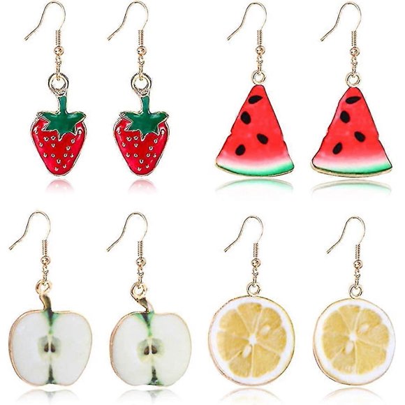 4 Pairs Creative Assorted Cute Fruits Earring Cherry Strawberry Watermelon Dangle Drop Earrings Set For Women Girls