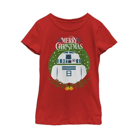Girl's Star Wars Merry Christmas R2-D2  Graphic Tee Red Medium