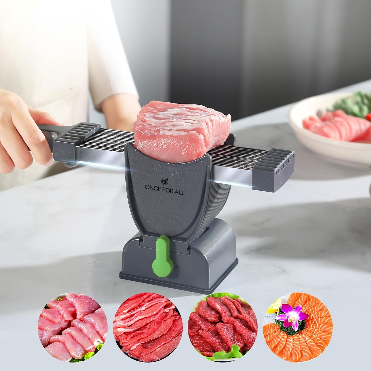ONCE FOR ALL Meat Cleaver Slicer Knife Set, Stainless Steel Kitchen Knife with Sharpener, Meat Cutter for Pork Chicken Beef Jerky, Thickness Adjustable 2 or 4 mm, Gray