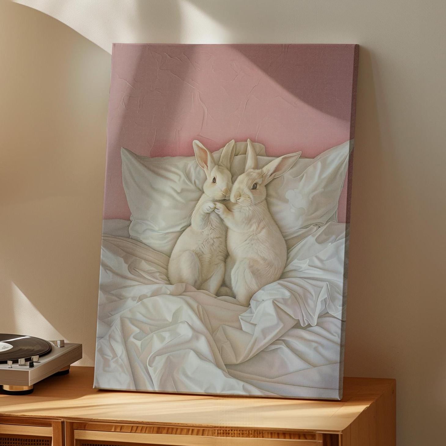 Rabbit Couple In Bed Or Romantic Bunny Rabbit Lovers Pastel Woodland Nursery Poster Poster Print Only