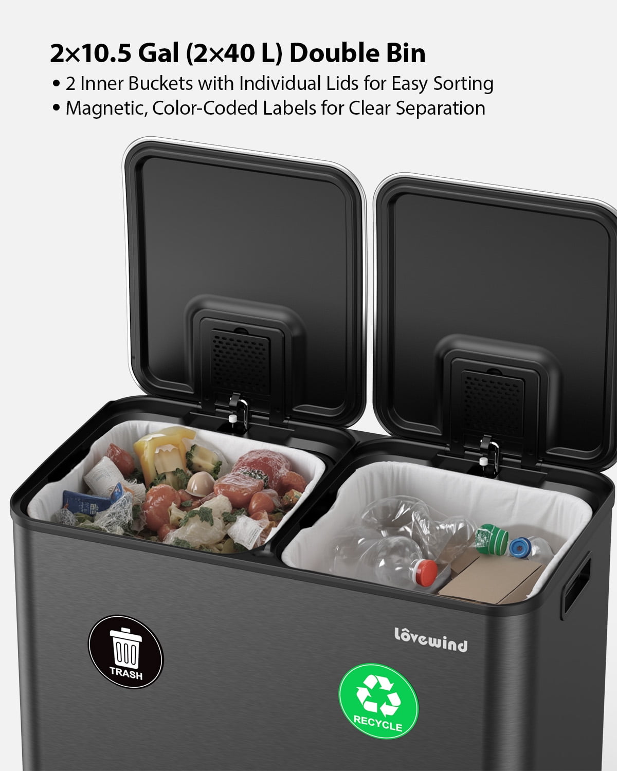 Dual Compartment Kitchen Trash Can, 2 x 10.5 Gallon Stainless Steel Garbage & Recycling Bin Combo for Kitchen, Soft Close Lids, Odor Proof, Hands Free