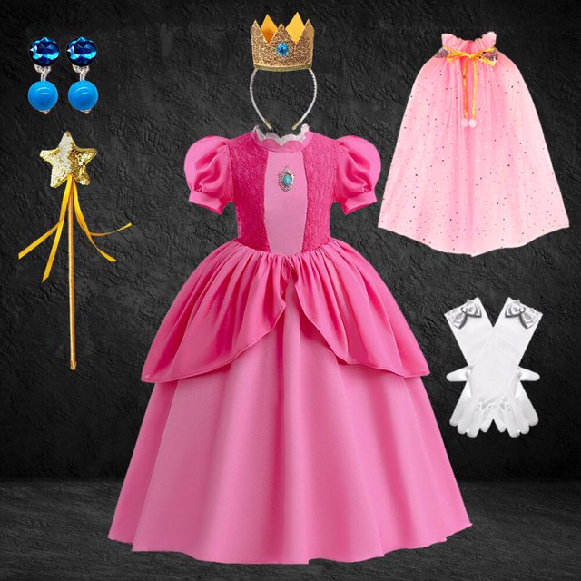 Vestido de princesa Peach para fiesta de cumpleaños de niñas, Vestido largo de encaje de manga abullonada rosa para baile de graduación, disfraz de Aurora para Halloween Fivean unisex