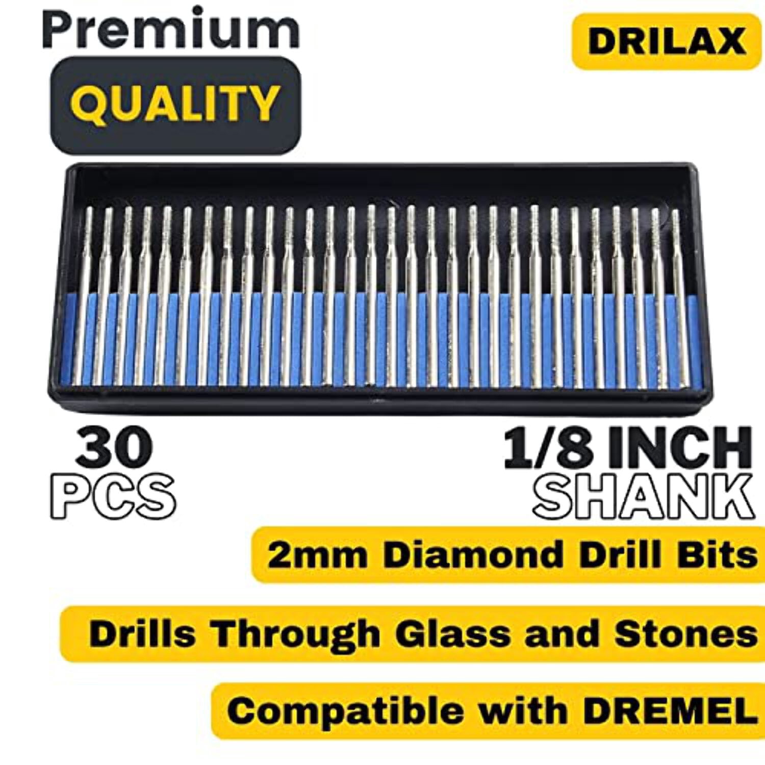 30 pcs Set 2mm Diamond Drill Bit Cylindrical Burr Kit 1/8" Shank