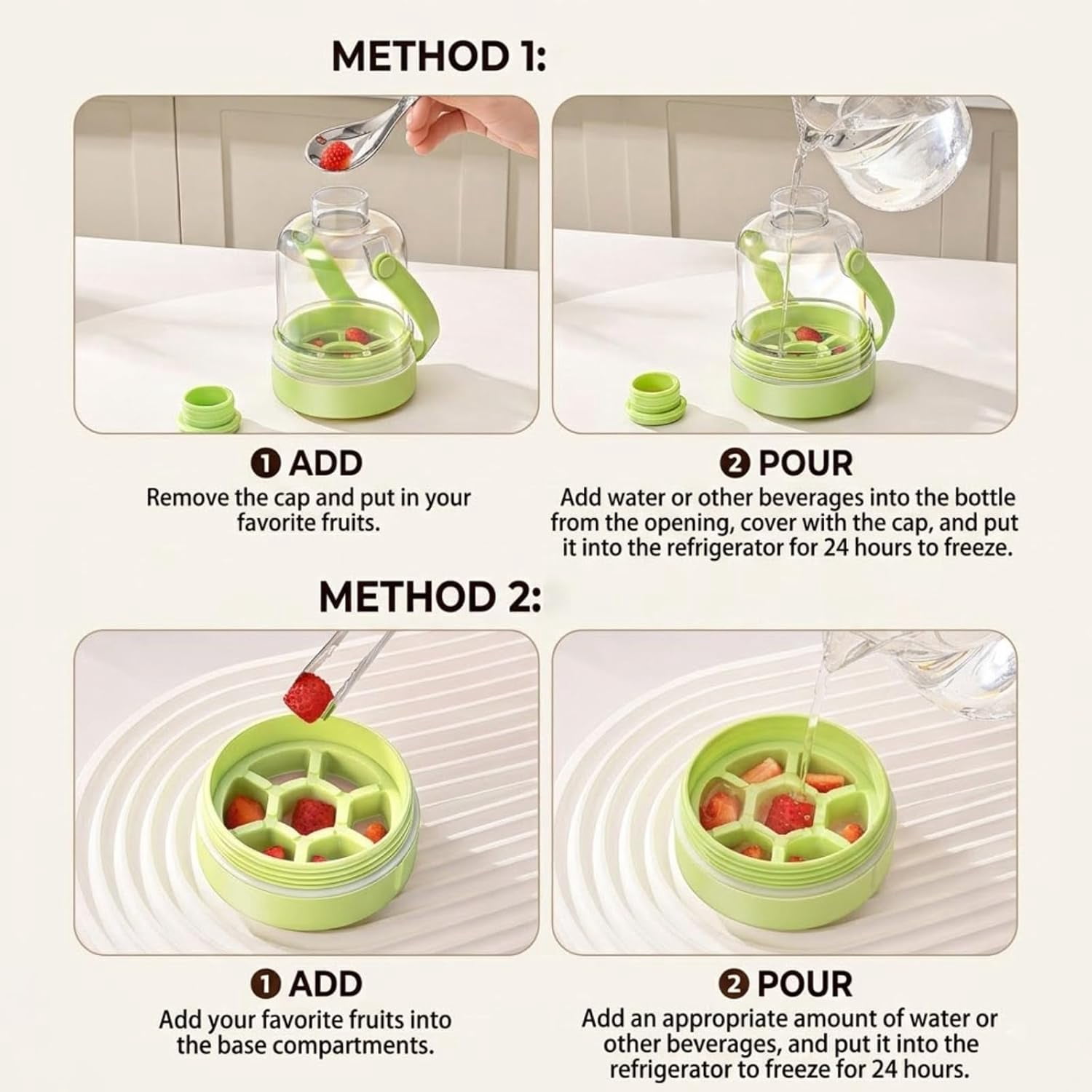 Multifunctional Transparent Water Bottle Ice Maker with Ice Tray, Ice Tray Water Bottle in One, Portable Iced Coffee Cup for Outdoor Travel Camping Home Office (Purple + White + Green)