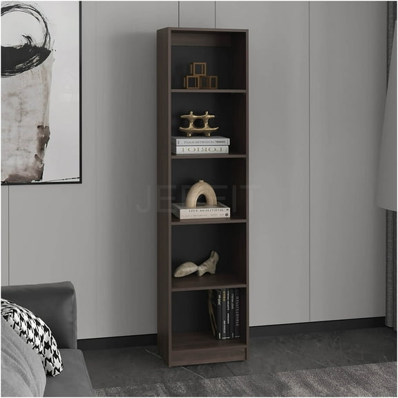 JERFIT Narrow 5-Tier Bookcase Shelf, Compact Storage Cabinet for Small Spaces, Engineered Wood Bookshelf Organizer with Multiple Shelves in Dark Walnut Brown and Black Finish