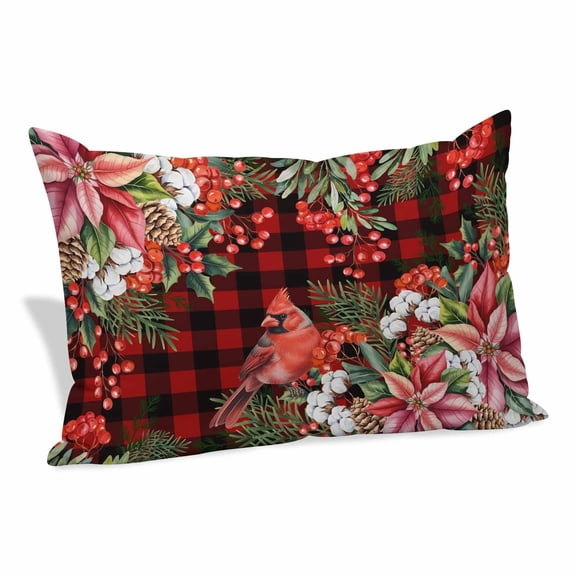 Cardinal Bird Pillow Covers, Linen Long Throw Pillow Case, Poinsettia Pine Cones Berry Flowers Red Plaid Holiday Pillow Protector Decorative Cushion Cover for Living Room/Bedroom 20" x 30"