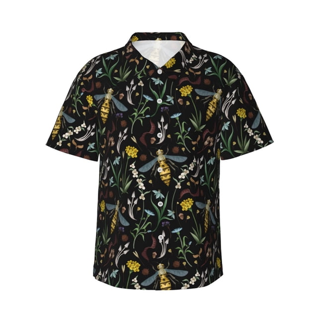 Balery Wasp and Florals Camisas hawaianas de manga corta para hombre, camisas playeras de corte holgado, camisas de vacaciones con botones,Medium