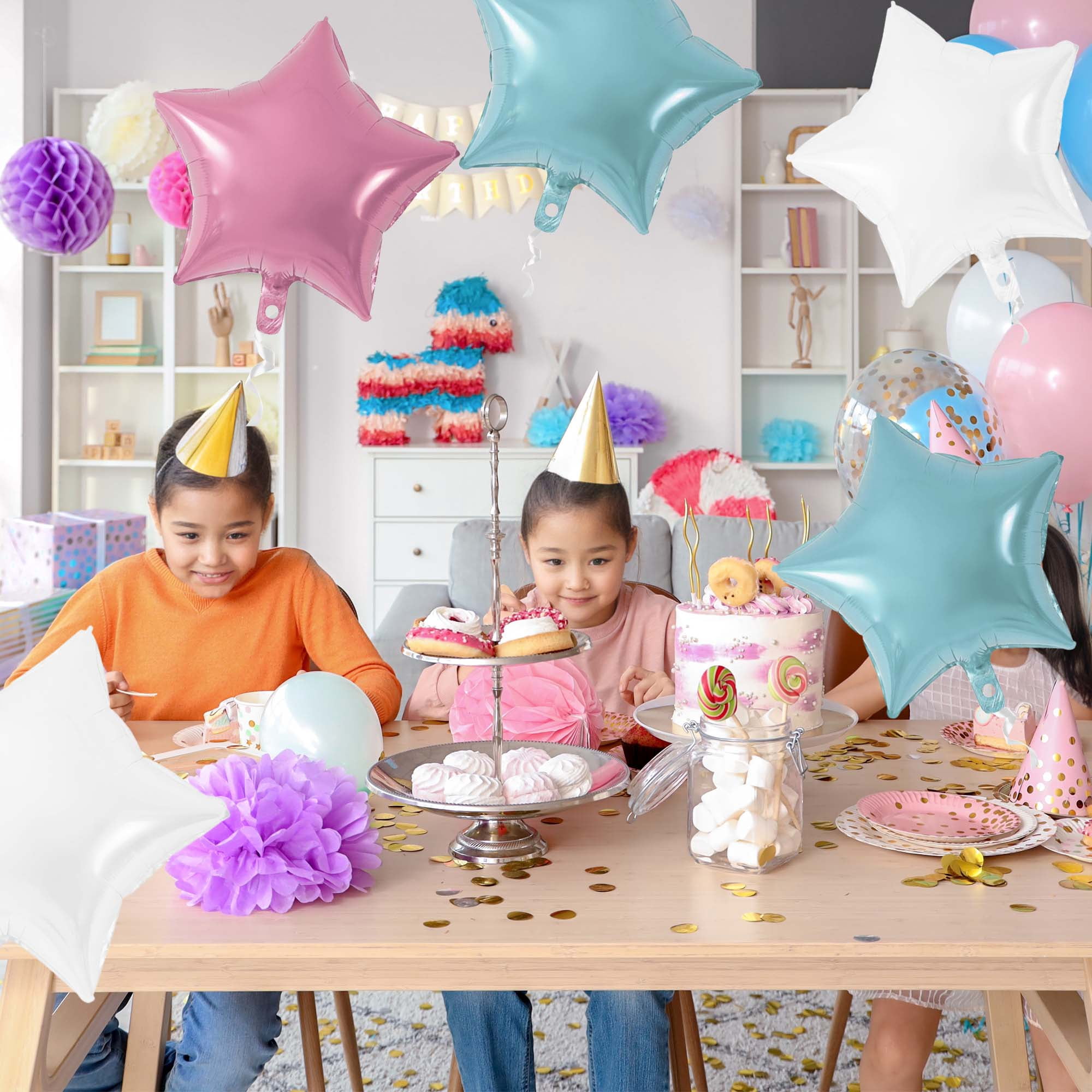 Unique Bargains 10Pcs Helium Balloons with Ribbon Star Pattern Pink Light Blue White