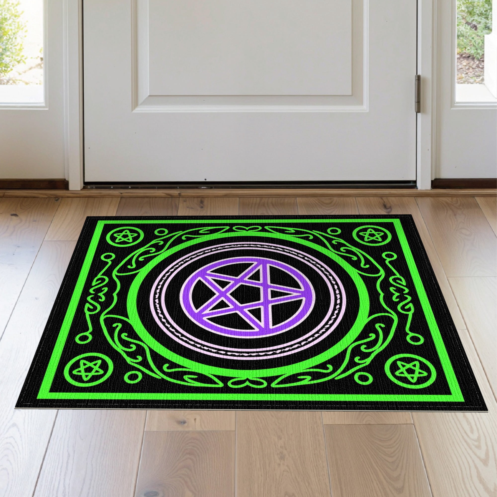 ODIKA 2 x3 Washable Throw Rug Black Green Pentacle Design Mystical Occult Symbol with Ethereal for Hallway Study Room Non-Slip Low Profile Flatwoven