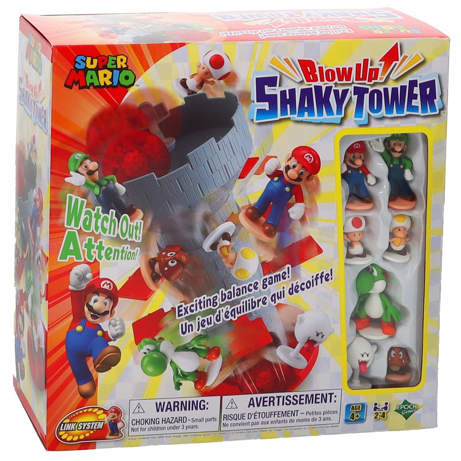 Epoch Games Super Mario Blow Up! Shaky Tower Balancing Game, Tabletop Skill and Action Game with Collectible Super Mario Action Figures, Super Mario Shaky Tower Game