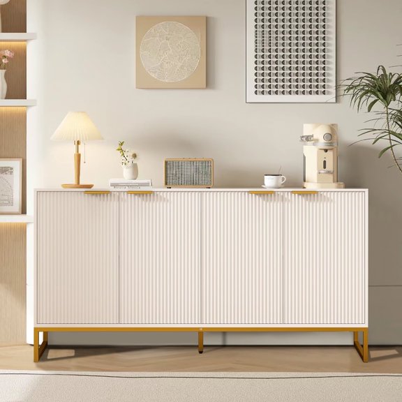 Fluted Accent Cabinet, Kitchen Sideboard Buffet Cabinet with Doors, Sideboard for Living Room, Dining Room, White