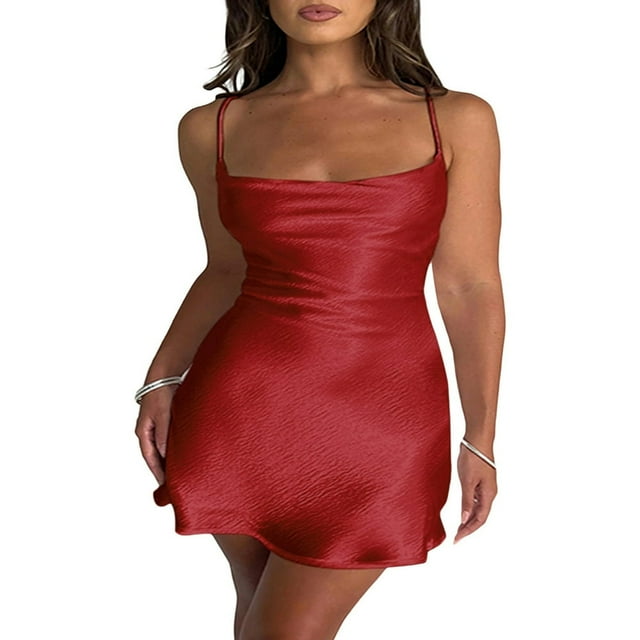 Robes Midi de Cocktail Aguichant pour Femmes en Satin à Bretelles Spaghetti et Col Bénitier