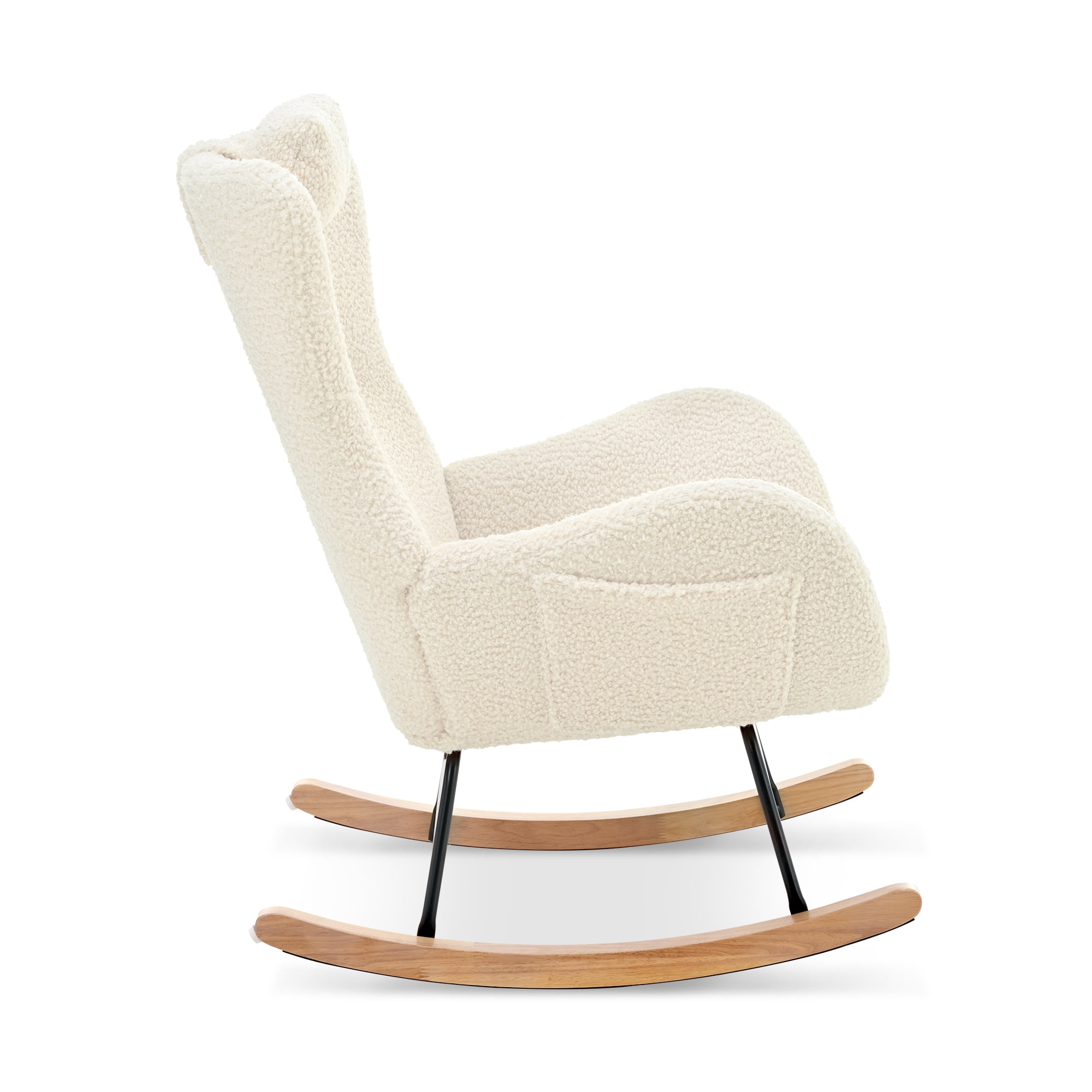 New Rocking Chair Nursery, Teddy Upholstered Rocker Glider Chair with High Backrest, Adjustable Headrest & Pocket, Comfy Glider Chair for Nursery, Bedroom, Living Room, Offices, Rubber wood, beige